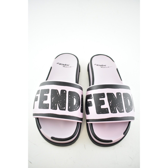 Fendi Joshua Vides Pink Black Leather Logo Mule Slide Flat Flip Flop Sandal 35 - Picture 8 of 12